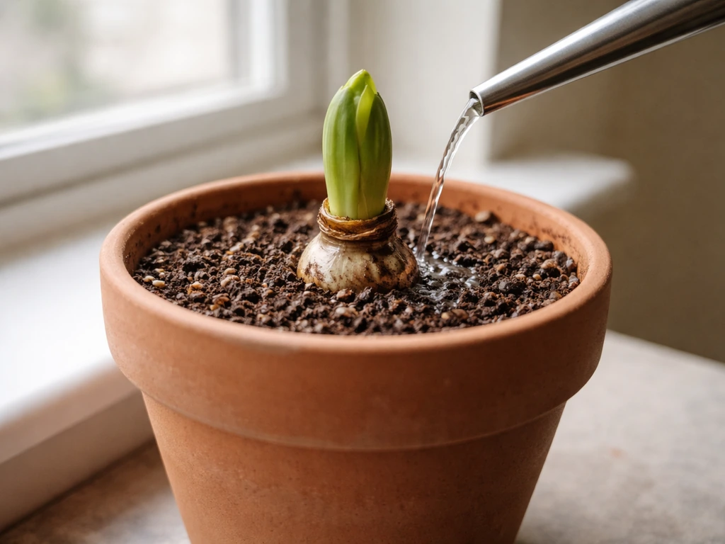 Watering a potted bulb with a gentle stream into the potting mix near the bulb neck.