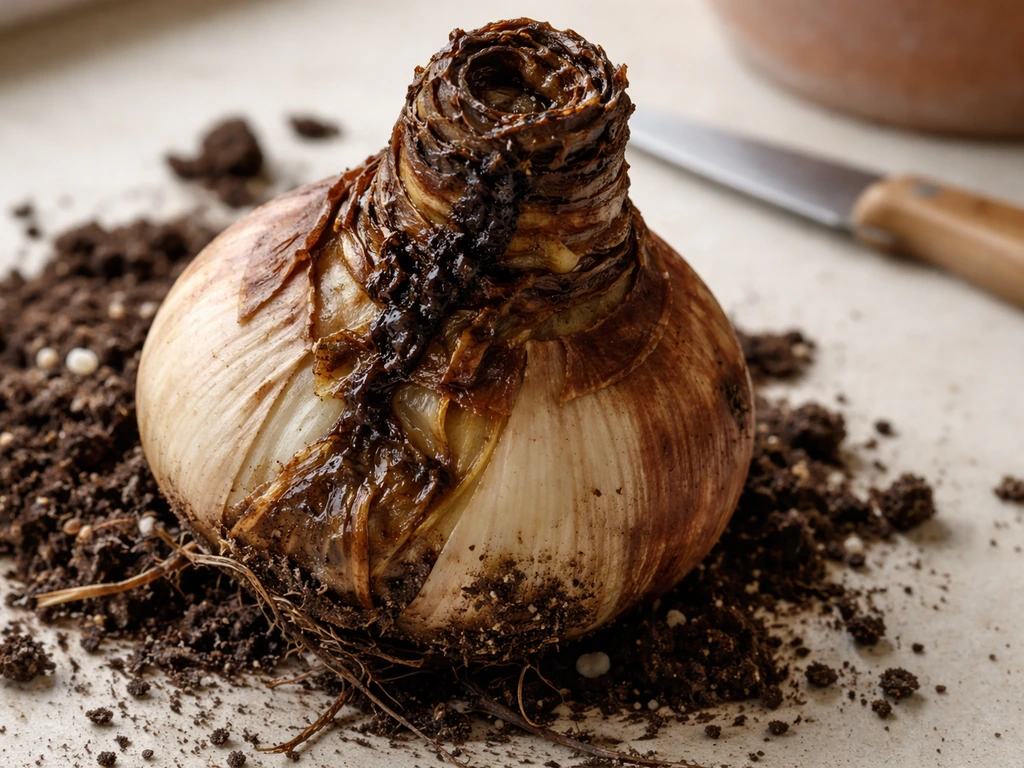Hippeastrum bulb removed from a pot with soft mushy tissue at the neck surrounded by wet potting mix.