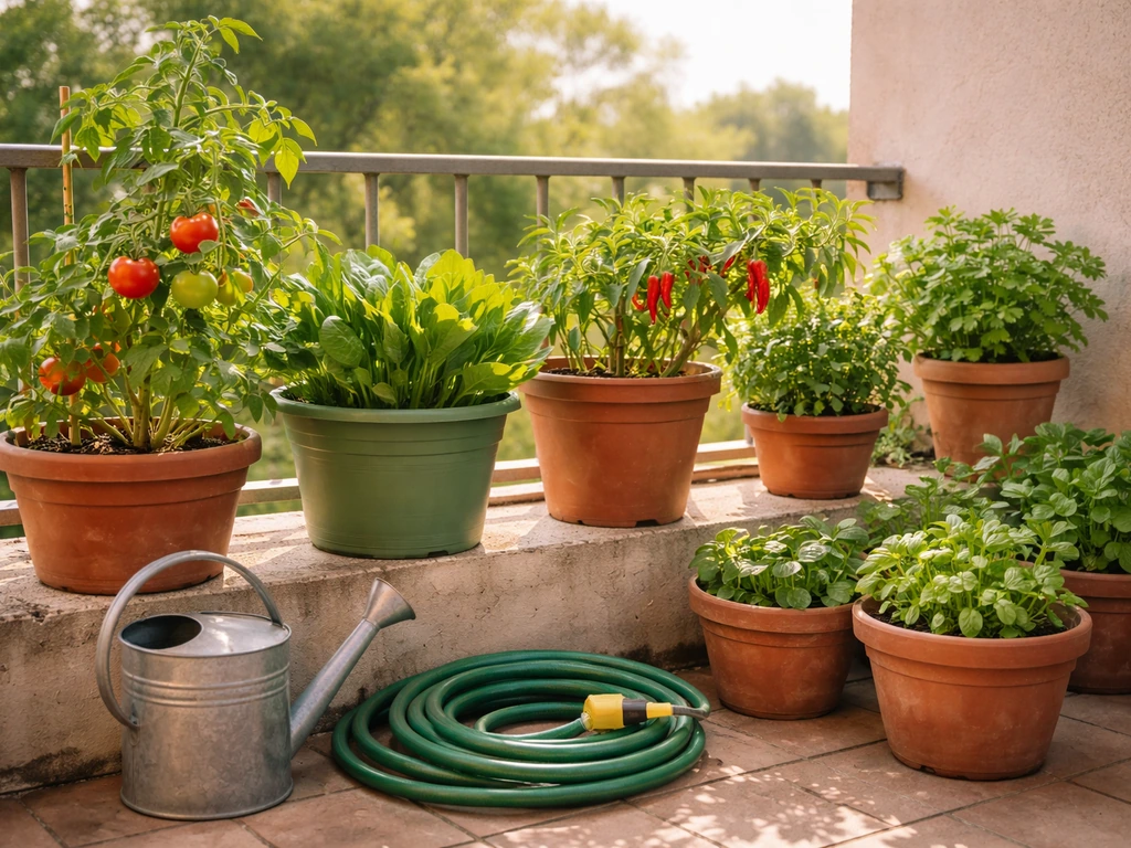 Sunlit rooftop balcony with multiple vegetable plants in pots—tomato, chili, and leafy greens in separate planters.