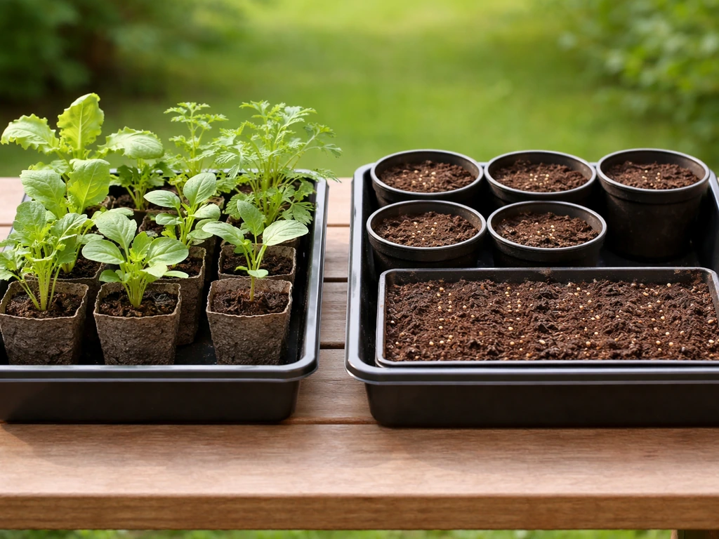 Side-by-side pots showing compact seedlings on one side and seeds sown in trays on the other.
