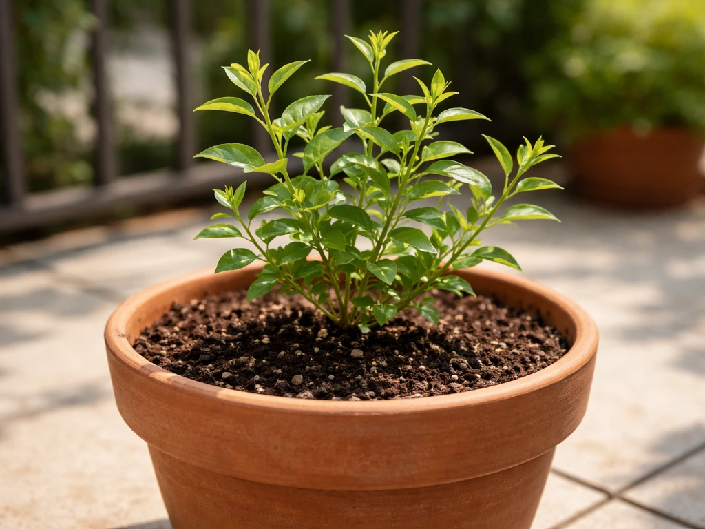 Young henna plant growing in a terracotta pot on a sunny balcony patio, side view with green leaves.