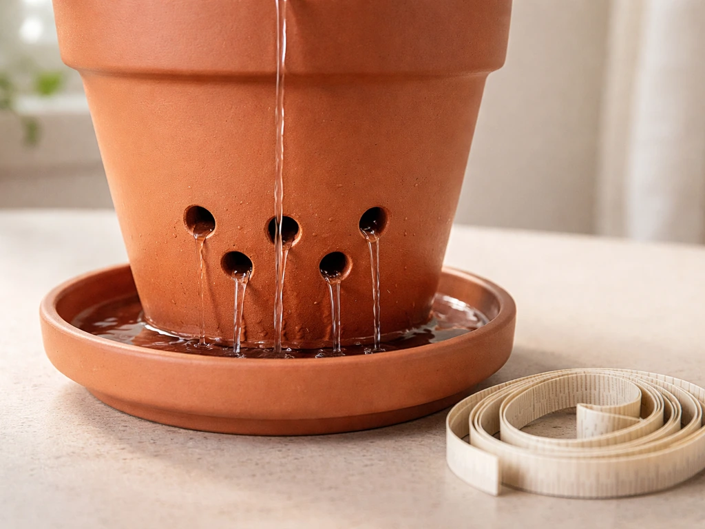 Terracotta pot with drainage holes dripping clear water into a tray, with a measuring tape for size reference.