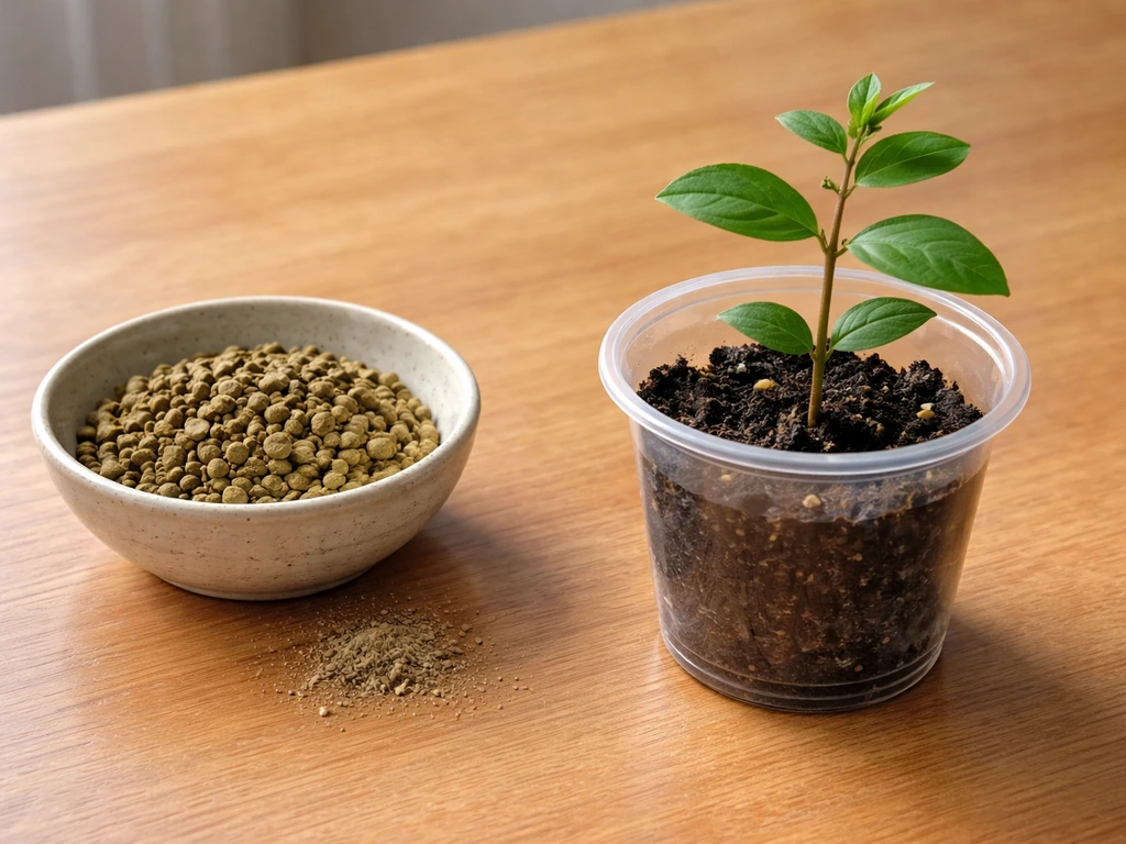 Henna seeds prepared in a small bowl beside a stem cutting in a rooting container, on a clean tabletop.