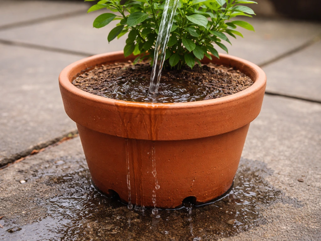 Close-up of a terracotta henna pot being thoroughly watered; dry soil darkens and runoff drips from drainage holes.