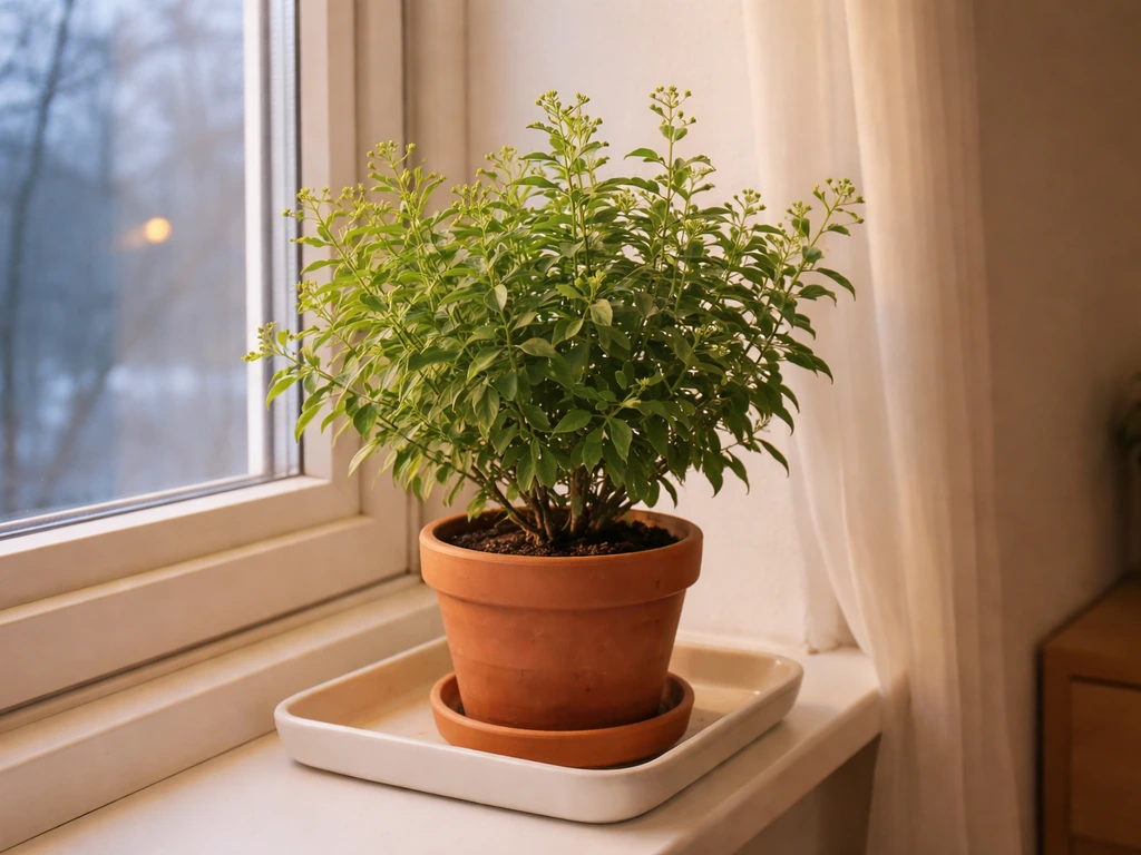 Potted henna plant on a bright windowsill indoors, showing cold protection for overwintering.