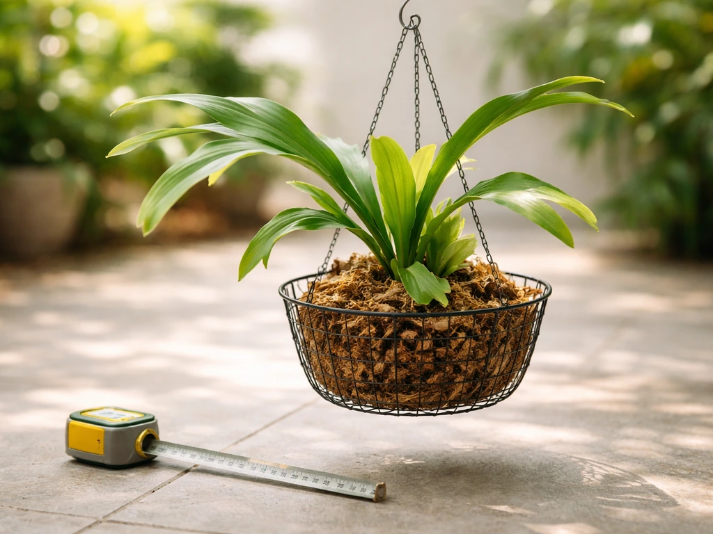 Airy wire hanging basket with a staghorn fern, sized like an 8–12 inch container in bright natural light.
