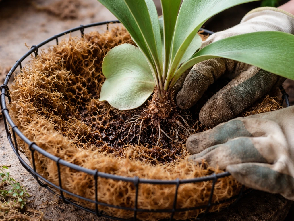 Close-up of a wire basket lined with moist moss as a staghorn fern rhizome is tucked in.