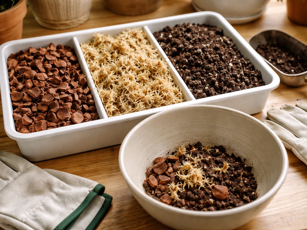 Ingredients for staghorn potting mix in a bowl: orchid bark, long-fiber sphagnum moss, and potting mix.