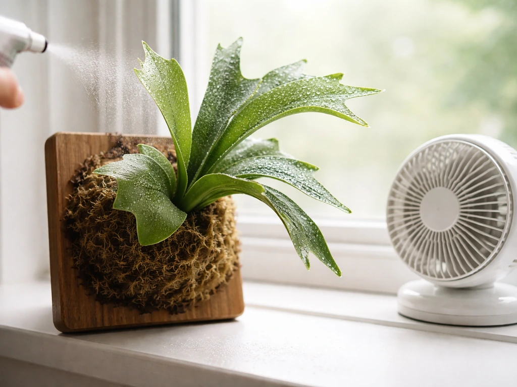 Indoor staghorn fern with mist on fronds and a small fan nearby to prevent stagnant air.