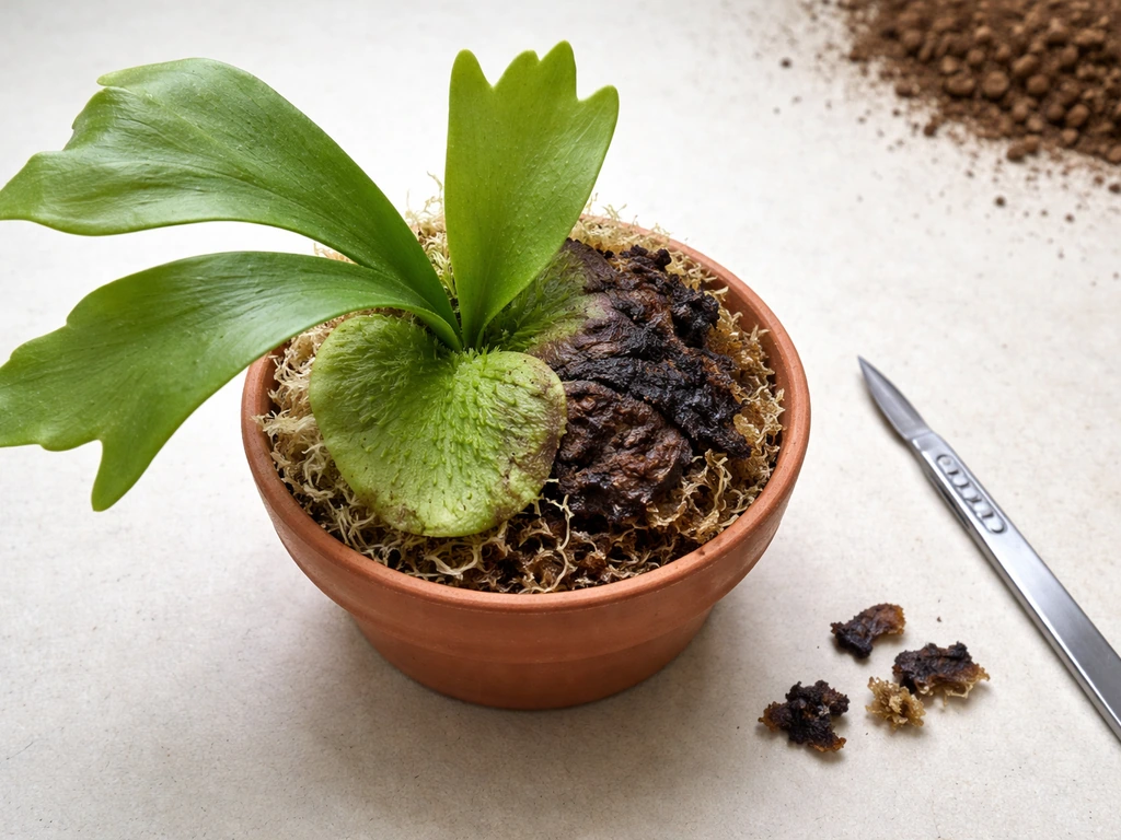 Staghorn fern in a simple potting setup showing healthy vs rotting basal area after careful tissue removal