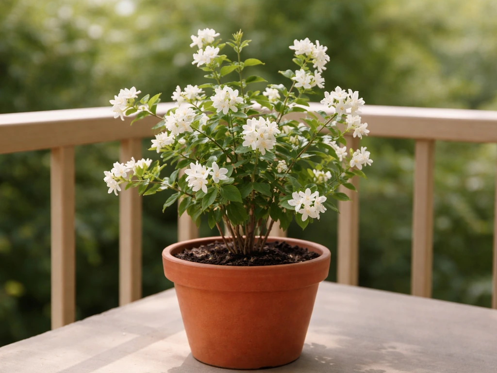 Potted mogra jasmine plant in bloom on a sunny balcony, delicate flowers against simple backdrop.