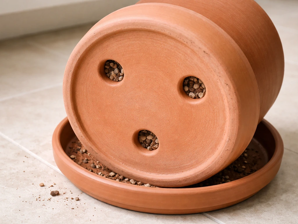Close-up of a correctly sized pot with several drainage holes on a drain-safe tray.