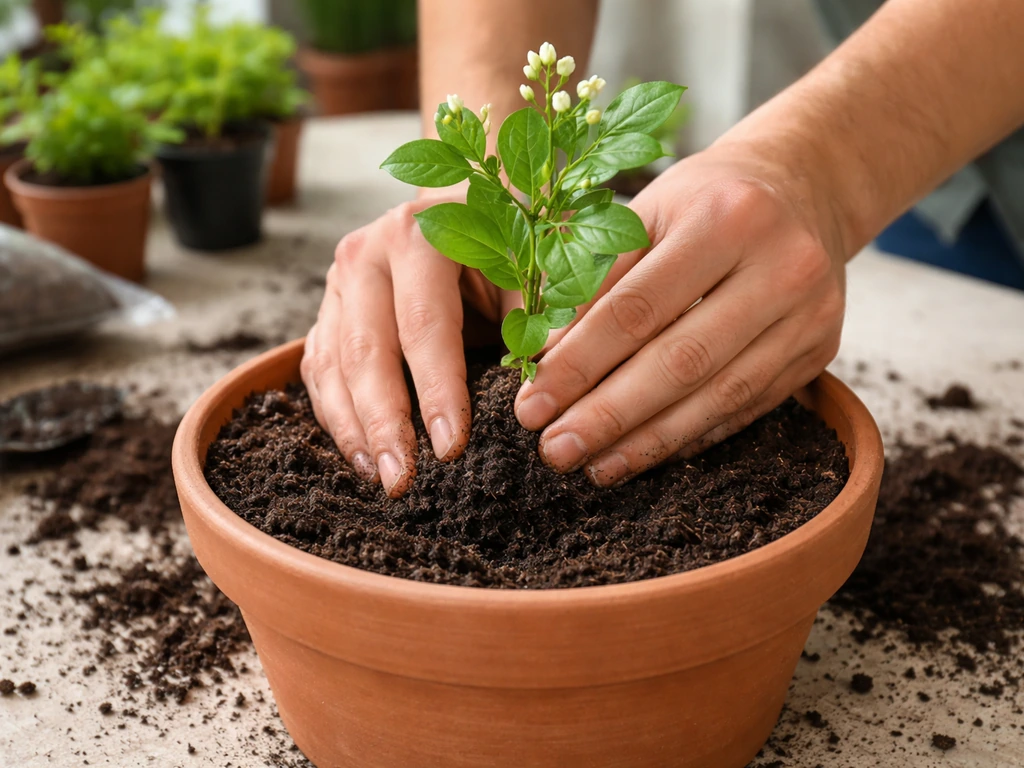 Hands place a small mogra sapling into a pot at the correct depth, packing soil around the root ball.
