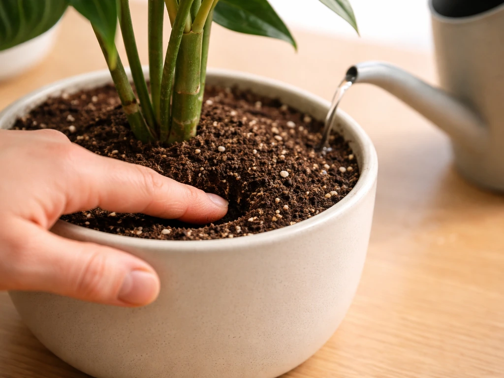 Hand presses a finger into potted plant soil, then watering begins until excess drains.