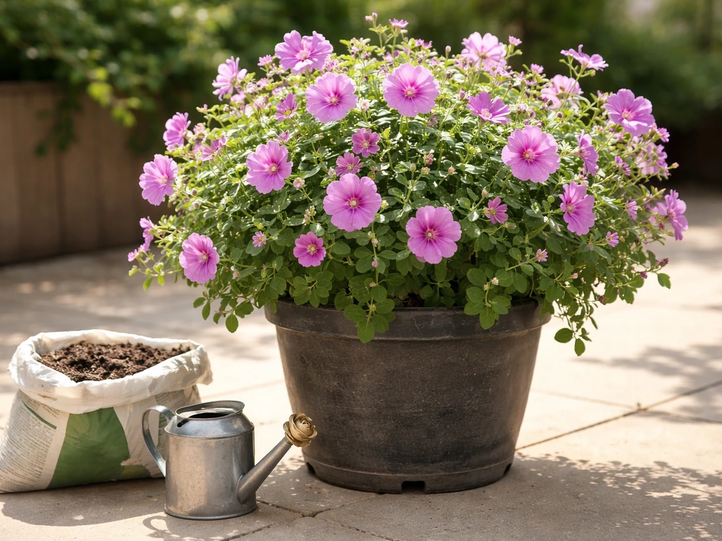 Lavatera in full bloom in a terracotta pot on a sunny patio, with simple container setup nearby.