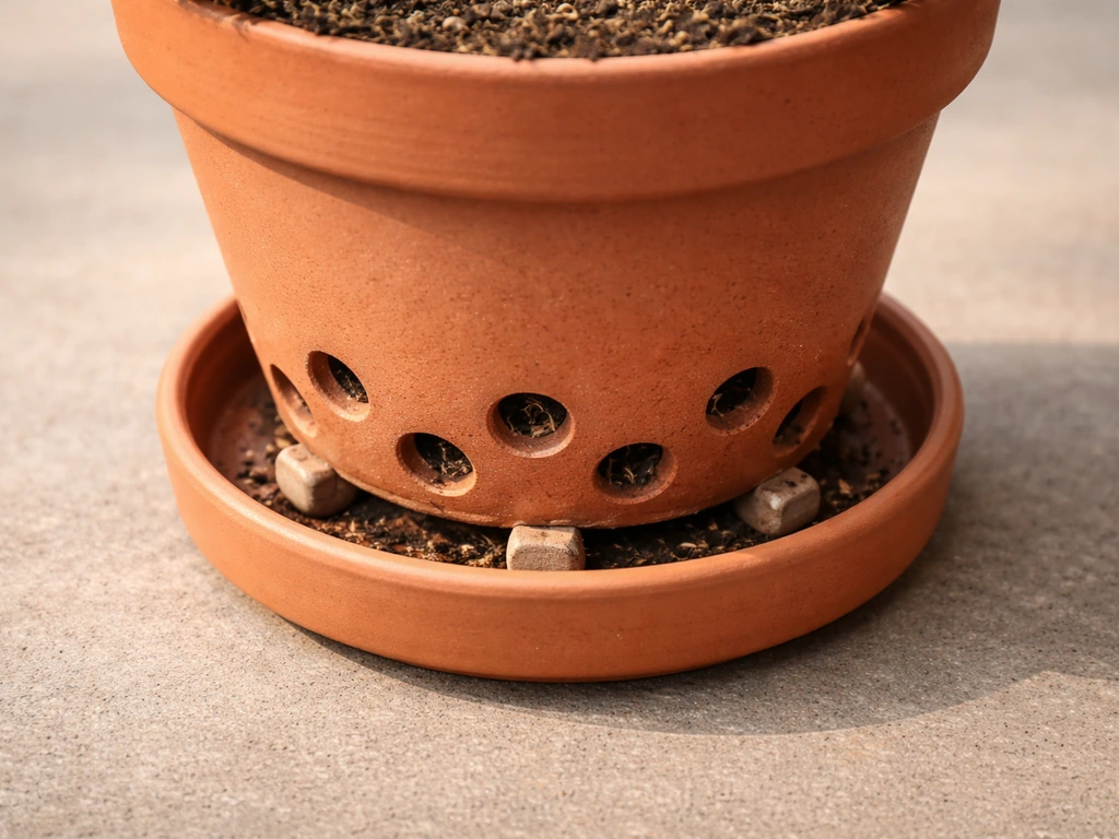 Close-up of a lavatera pot with several drainage holes and a simple saucer/air-gap setup for drainage.