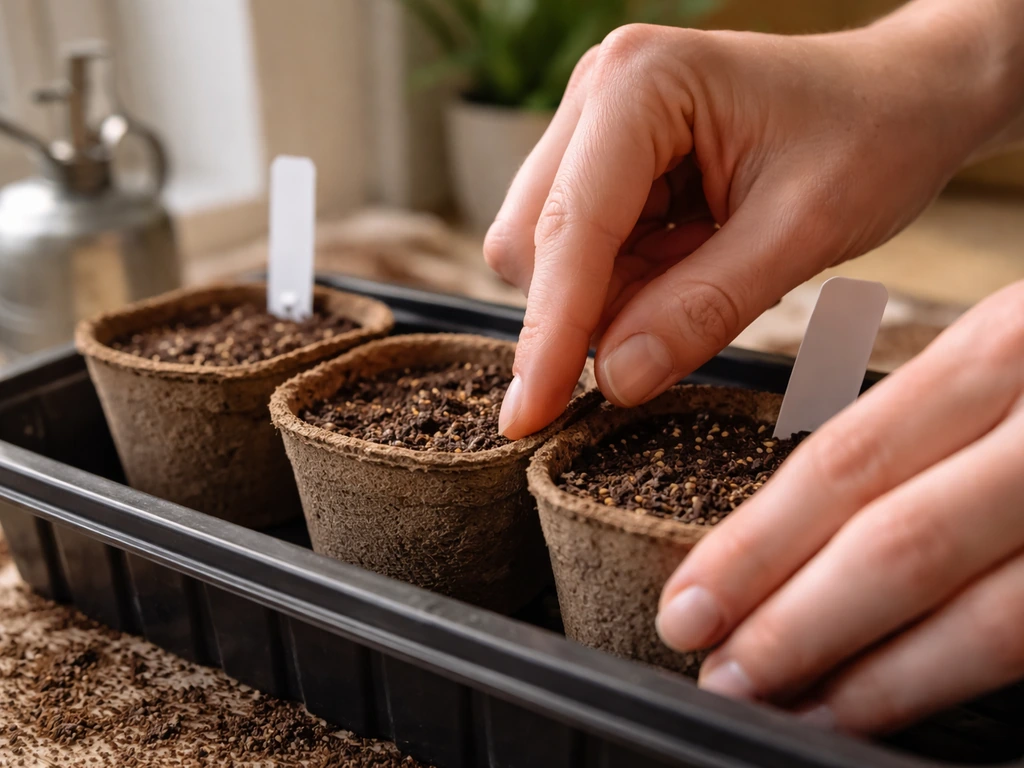 Hands gently pressing lavatera seeds into moist seed-starting mix in small pots indoors