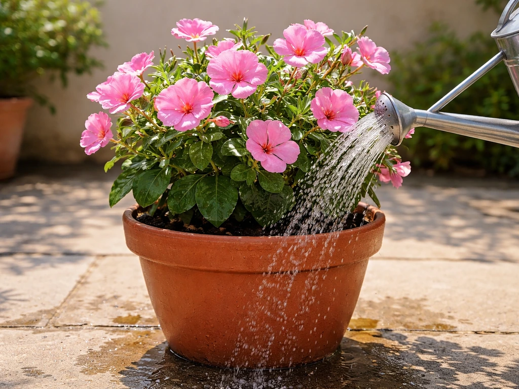 Watering can pouring water into a sunlit potted Lavatera on a patio.