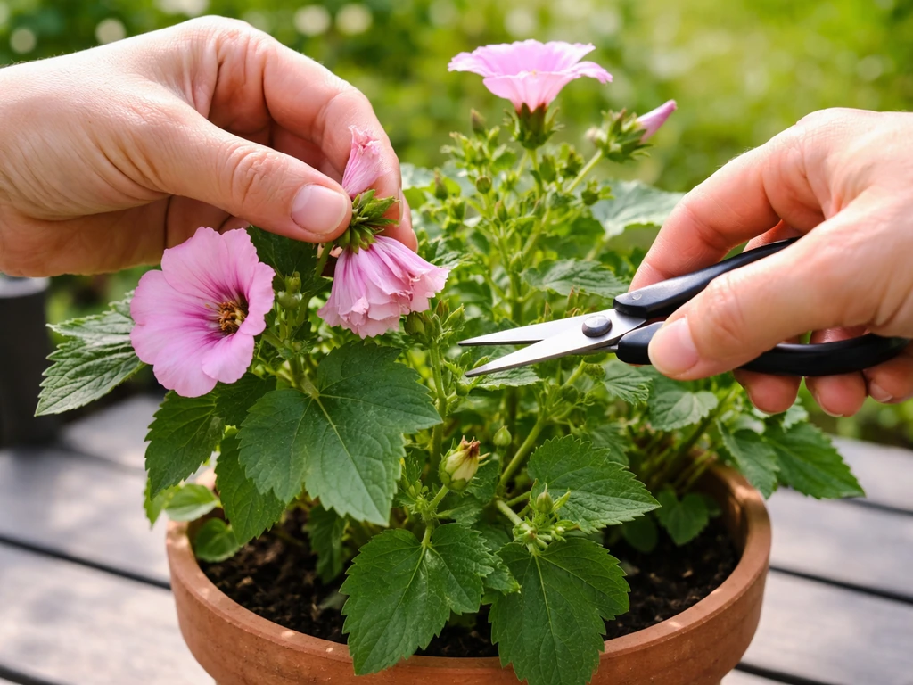Hands pinching off spent lavatera flowers and trimming tips on a potted plant.
