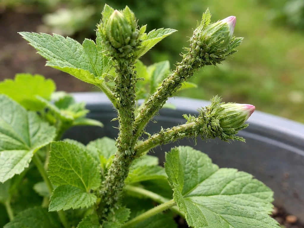 Close-up of lavatera stems and flower buds with clustered aphids on new growth.