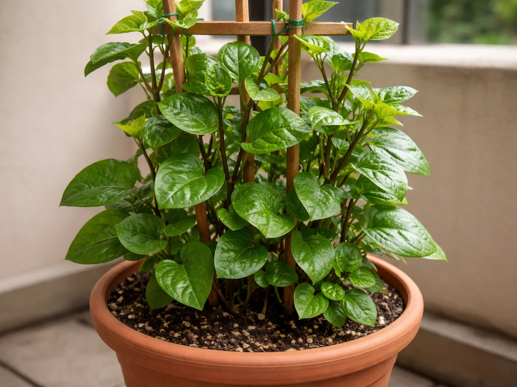 Lush alugbati vine thriving in a terracotta pot with a small trellis supporting dense leafy growth.