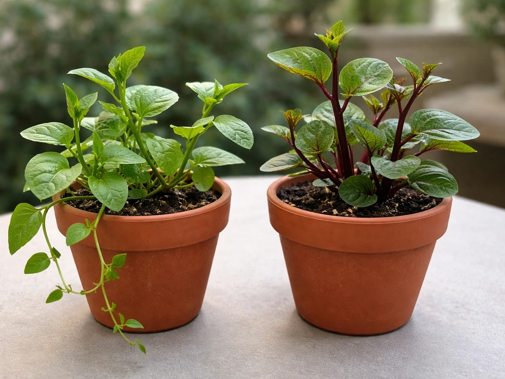 Side-by-side pots showing green-stem and red/purple-stem alugbati plants for container growing.