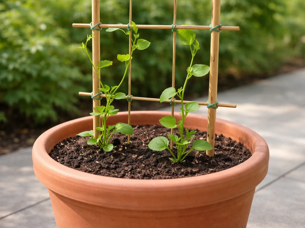 Alugbati seedlings in a large pot with a trellis support and vine ties, ready for planting