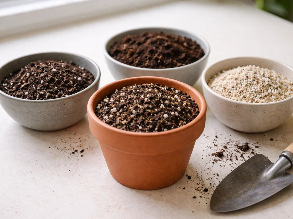 Close-up of potting mix ingredients and a container filled with the finished soil blend