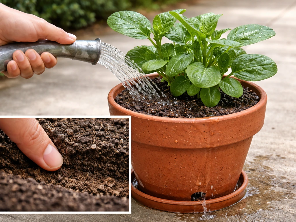 Hands watering an alugbati plant in a pot with water draining and a fingertip soil moisture check depth overlay.
