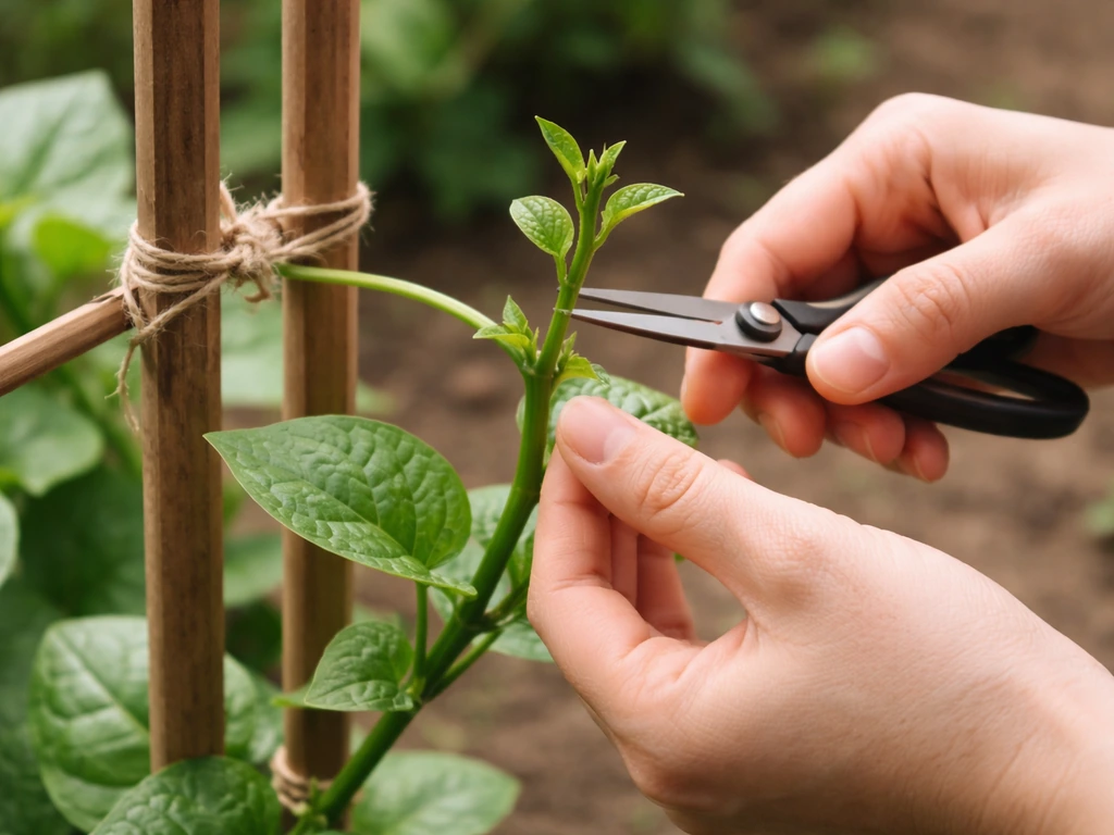 Hands pruning alugbati vine tips and tying the main stem to a trellis with soft twine in a garden