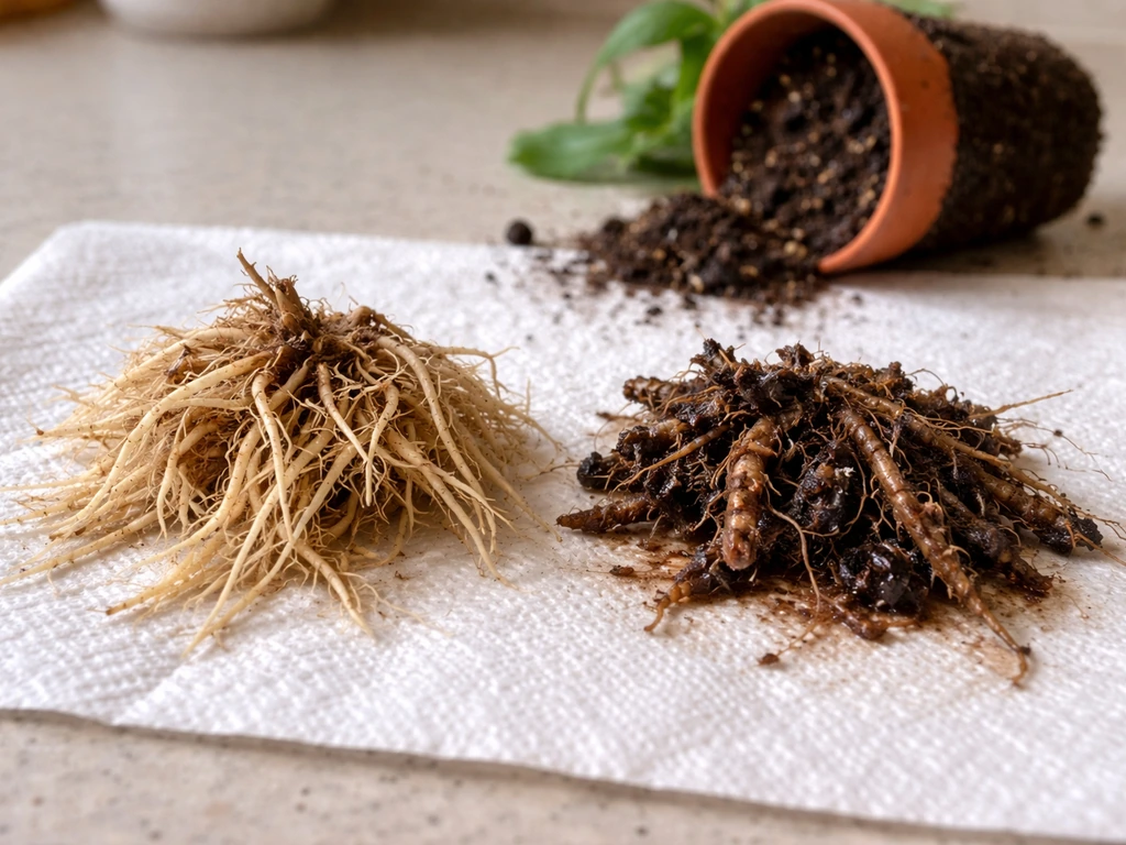 Close-up of healthy light roots and rotten brown mushy roots laid on a paper towel beside soil.