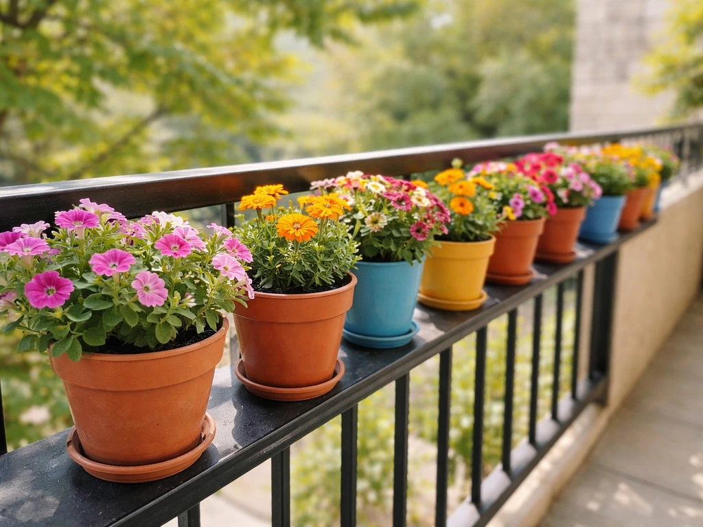 Row of small potted flowers on a balcony railing, vibrant blooms in compact containers