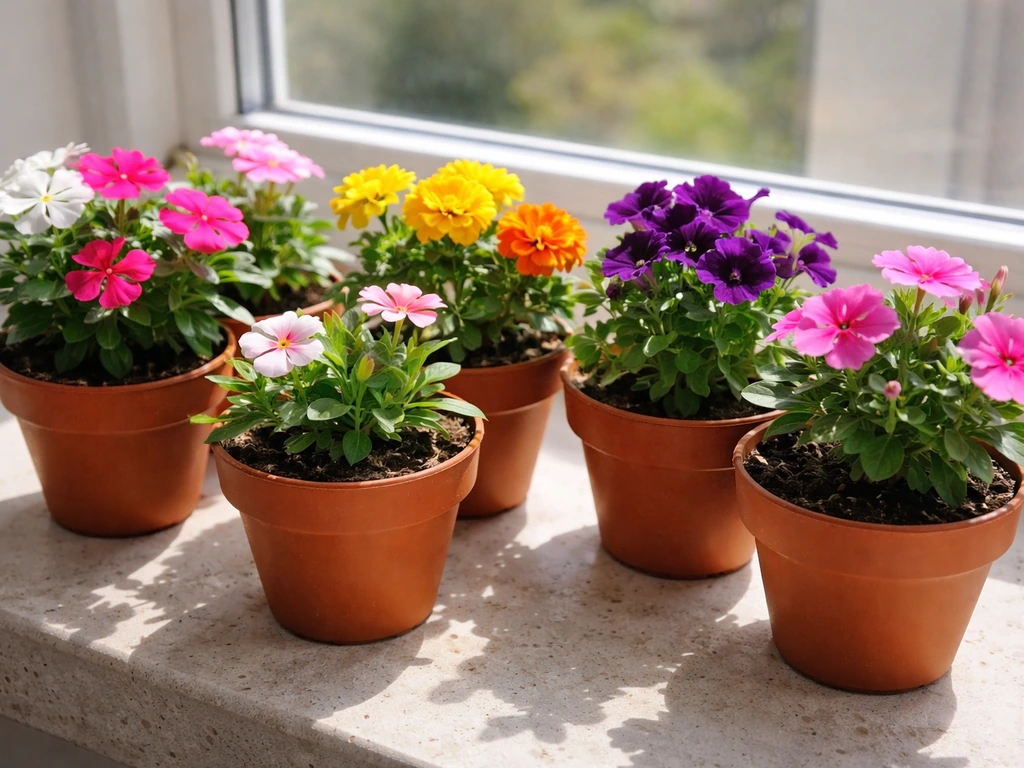 Assorted compact flowering plants in small terracotta pots on a sunny windowsill