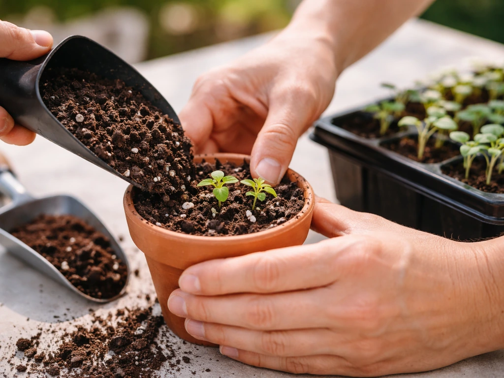 Hands filling a small pot with potting mix and setting seedlings at the right depth