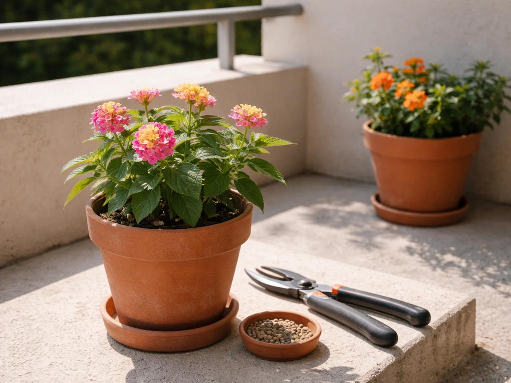 Small blooming potted flowers on a sunny balcony with pruning shears and fertilizer nearby.