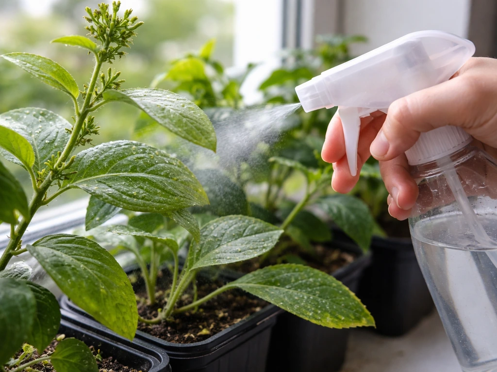 Close-up of container plant leaves with aphids and mite webbing while spraying with a trigger mist sprayer.