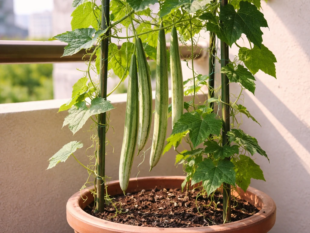 Snake gourd vine in a balcony pot, trained to a trellis with hanging fruits.