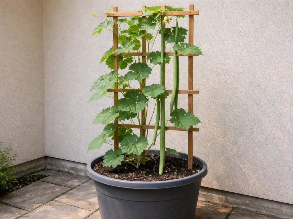 Large container with snake gourd trained on a sturdy wooden trellis, outdoors in natural light.