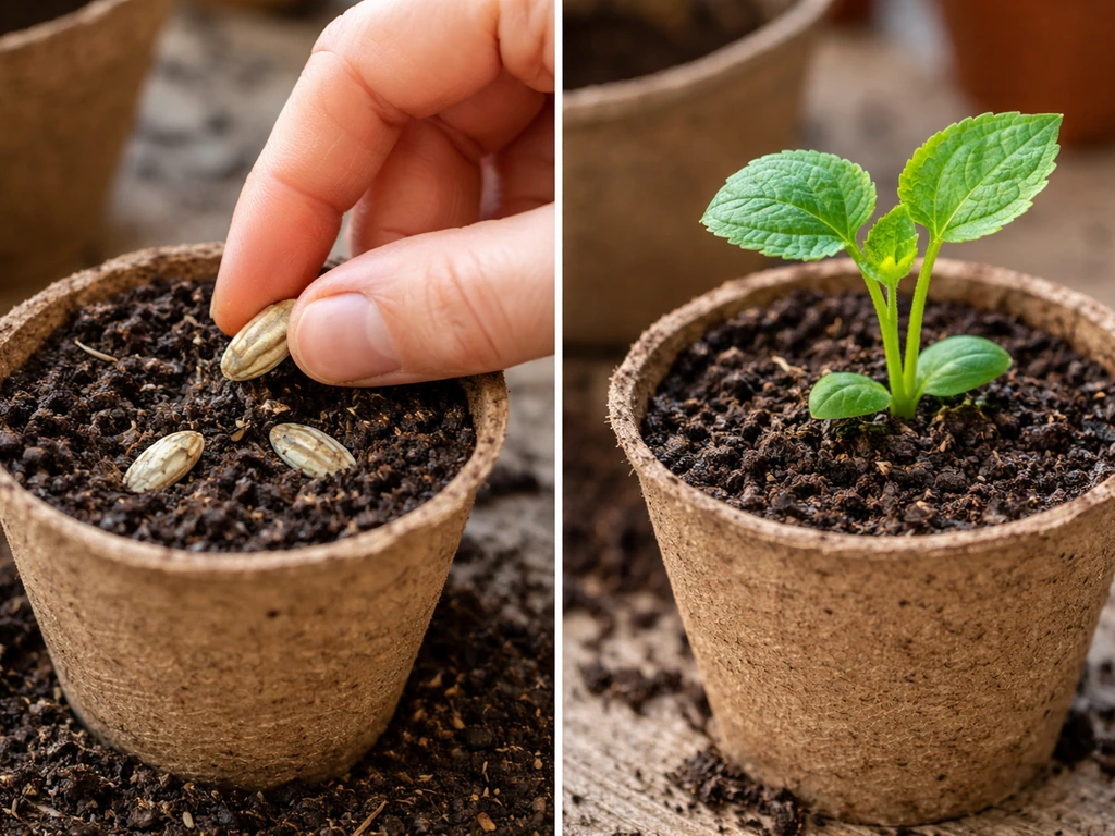 Split close-up: snake gourd seeds in a peat pot vs a young seedling established in potting mix.