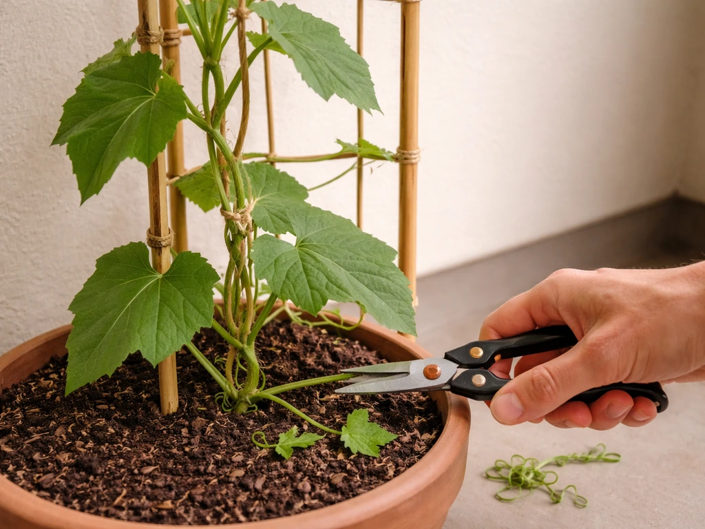 Gardener trims side shoots and guides a snake gourd vine up a trellis in a pot.