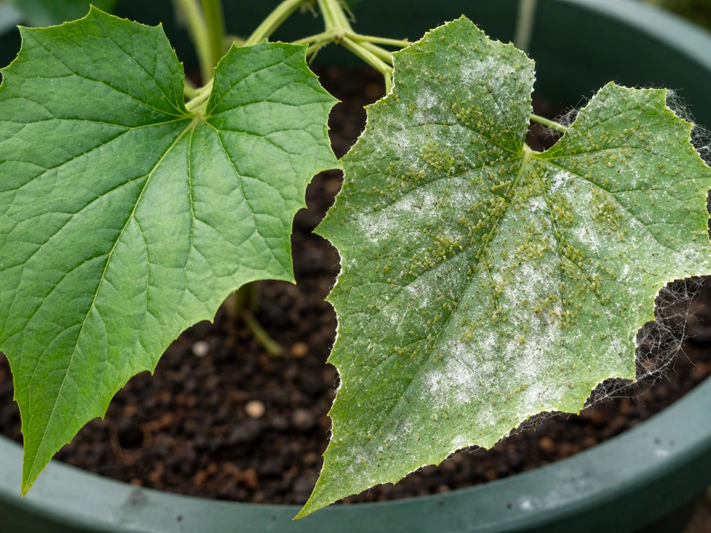 Snake gourd leaves showing healthy growth beside aphids and mild powdery mildew in a container garden.