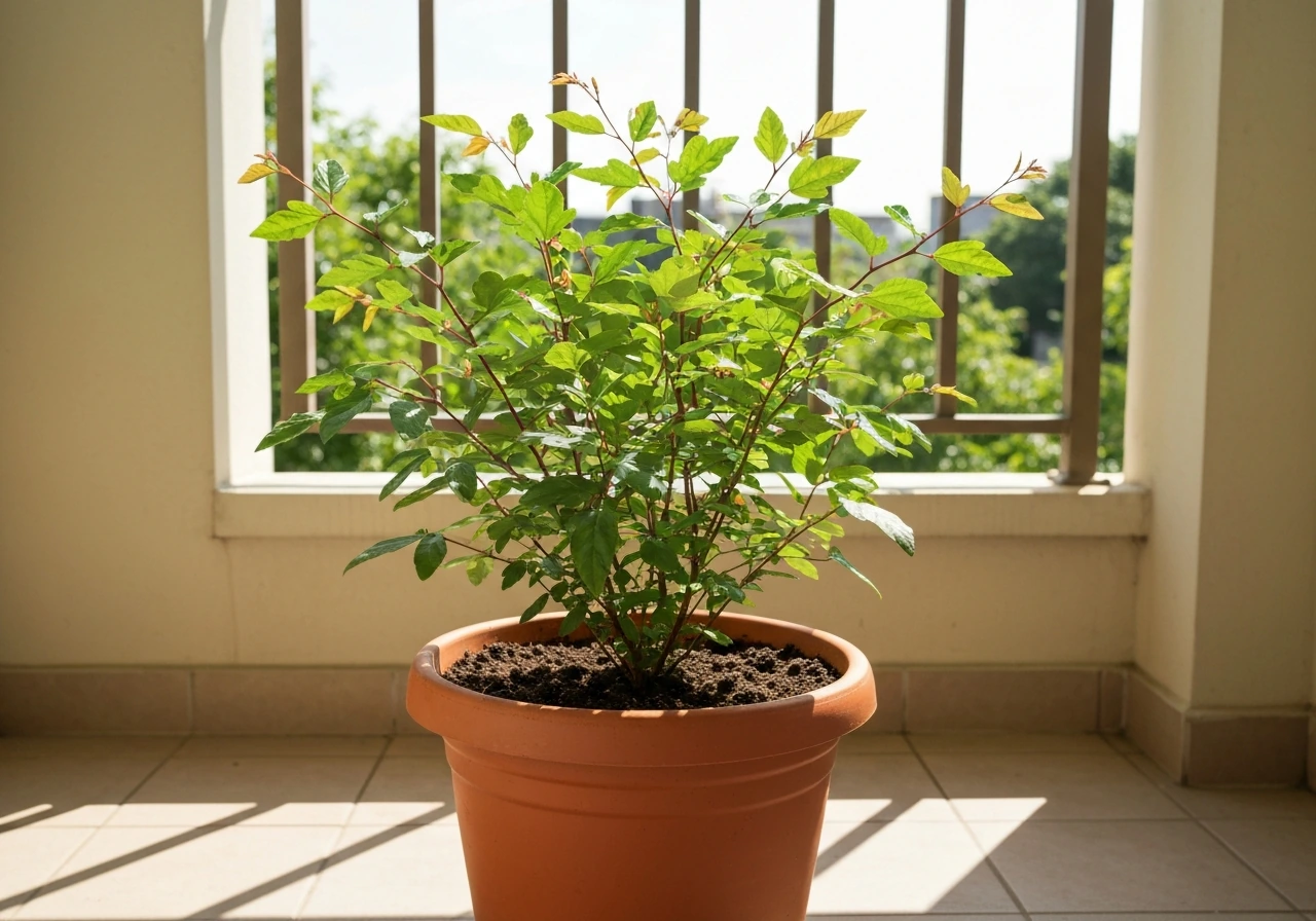 Healthy gongura plant thriving in a large pot on a sunny balcony patio.
