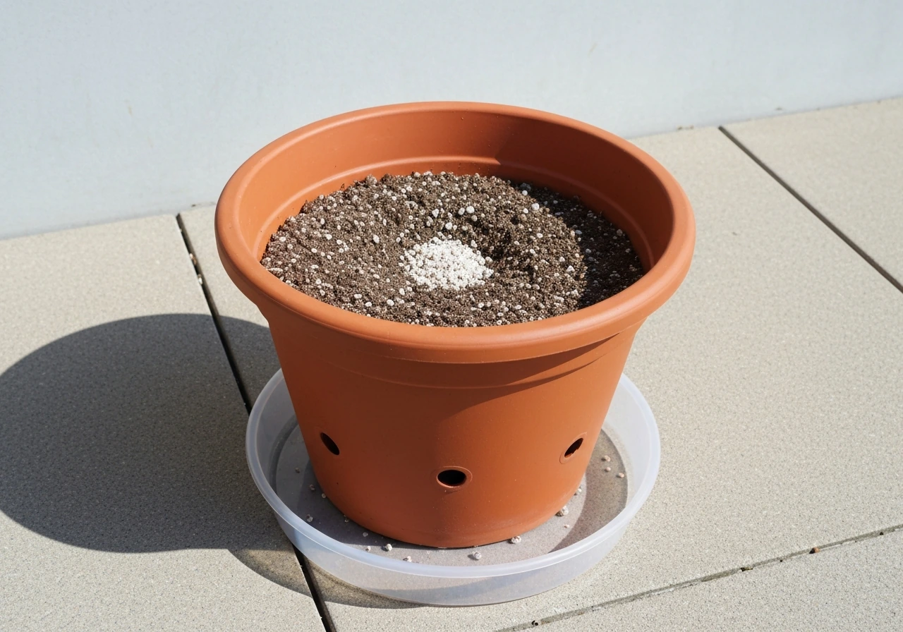 Terracotta pot with potting mix and visible drainage holes sitting on a drainage tray.