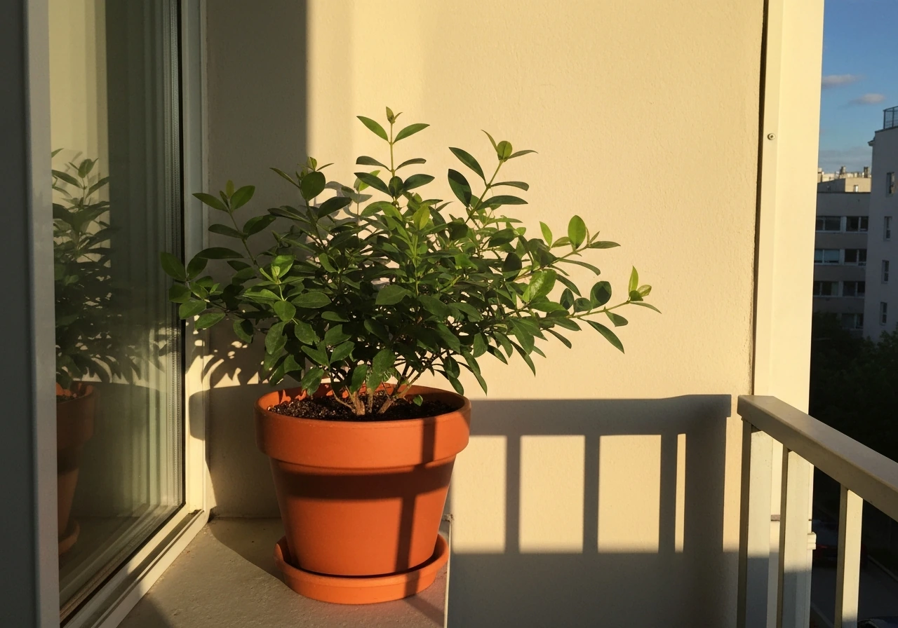 Gongura plant in a terracotta pot on a sunlit balcony with strong angled afternoon light and shadows.