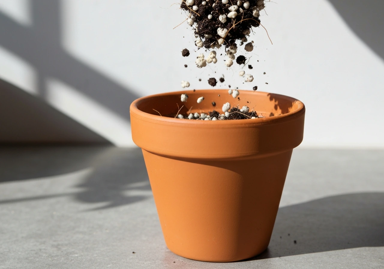 Close-up of a gongura pot filled with a loose potting mix of perlite, compost, and coir-like texture.