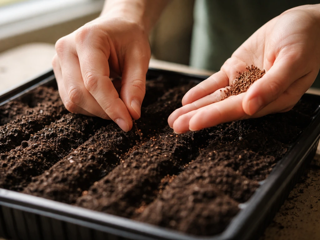 Gongura seeds being sown 1/2 inch deep in moist seed-starting mix in a small tray.
