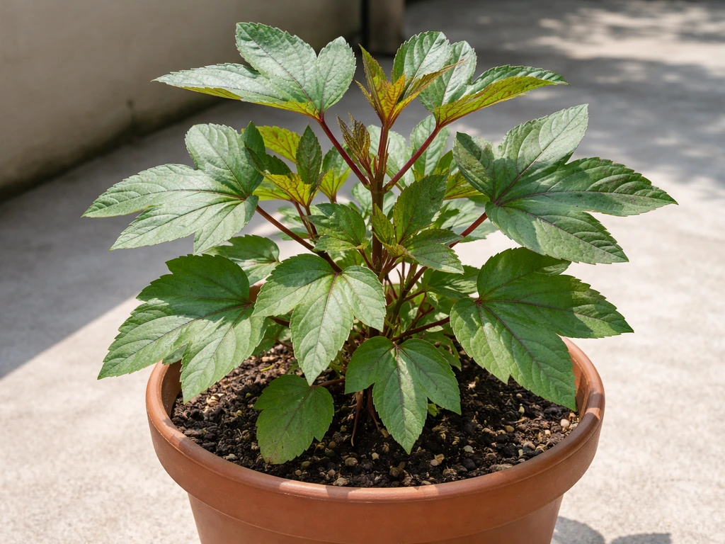 Sunlit pot-grown gongura plant with close foliage showing early leaf underside health checks.