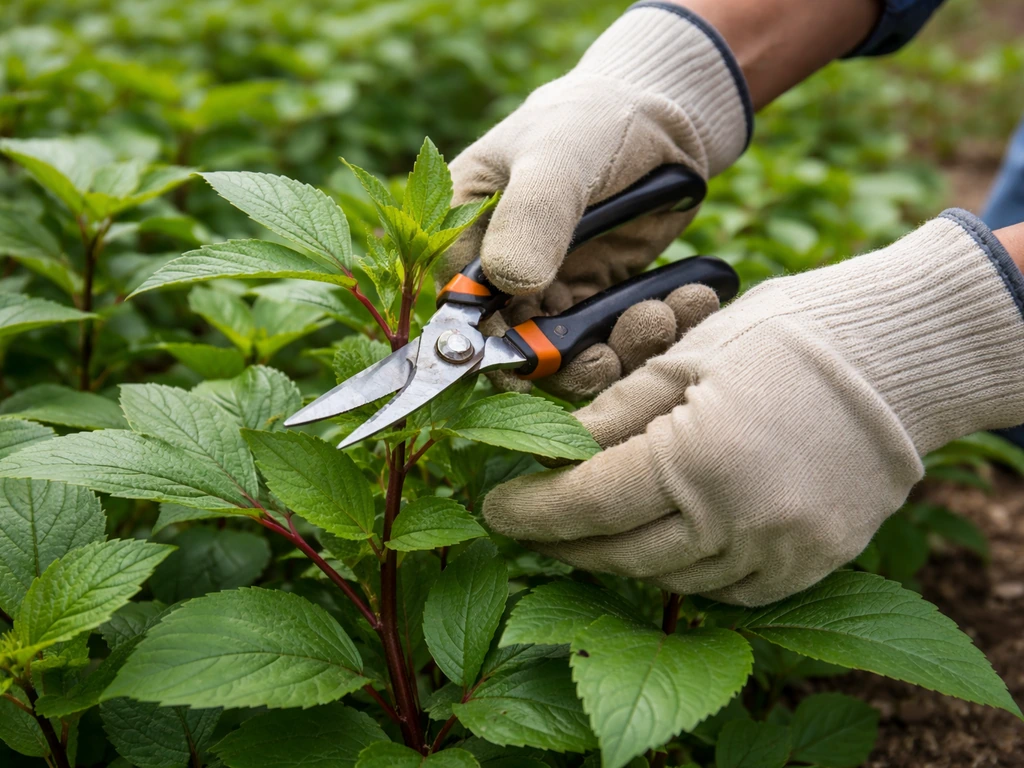 Hands using clean pruners to snip the top growth of gongura leaves in a small garden bed
