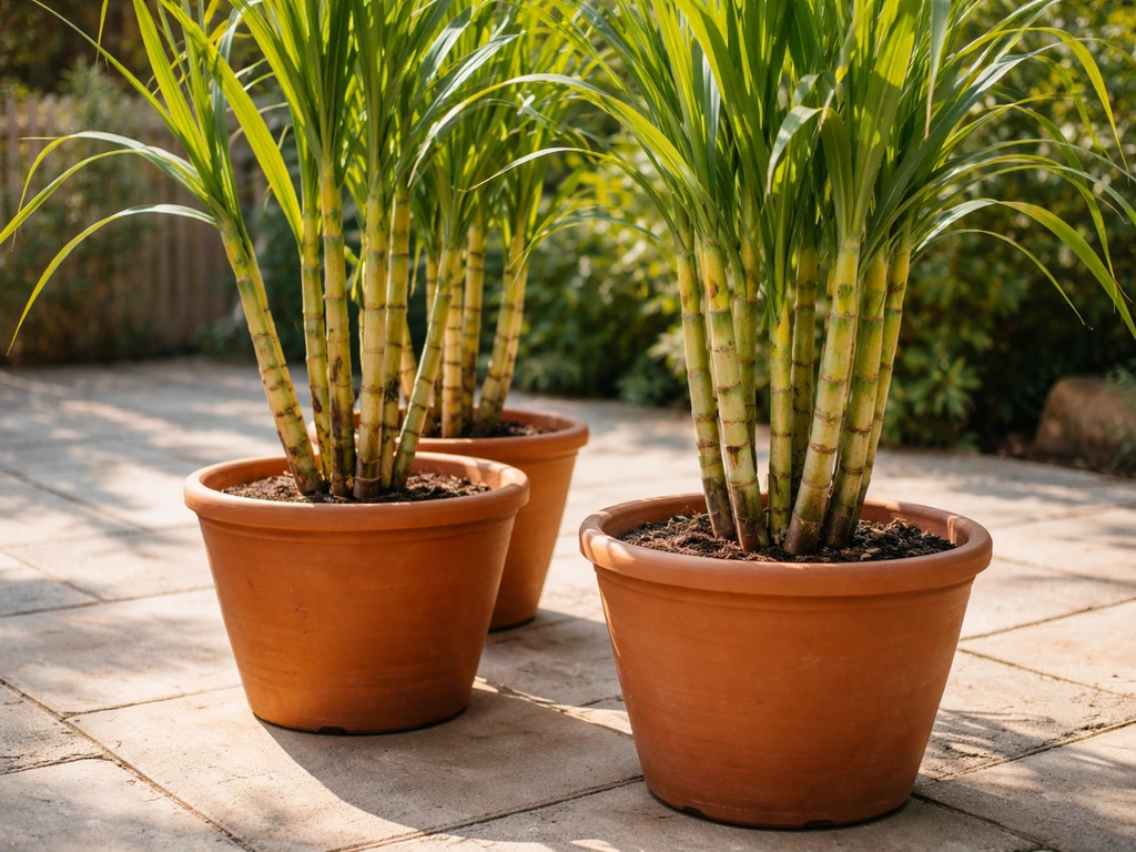 Healthy sugarcane stalks growing in large pots on a sunny patio garden.