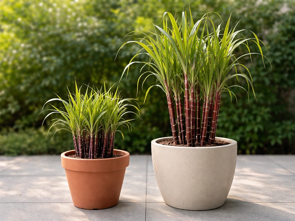 Two potted sugarcane plants—compact deep-purple and taller red-toned canes—on a patio showing different pot sizes.